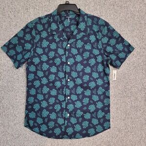 Amazon Essentials Mens Slim Fit‎ Short Sleeve Camp Shirt Navy Teal Leaf Print L
